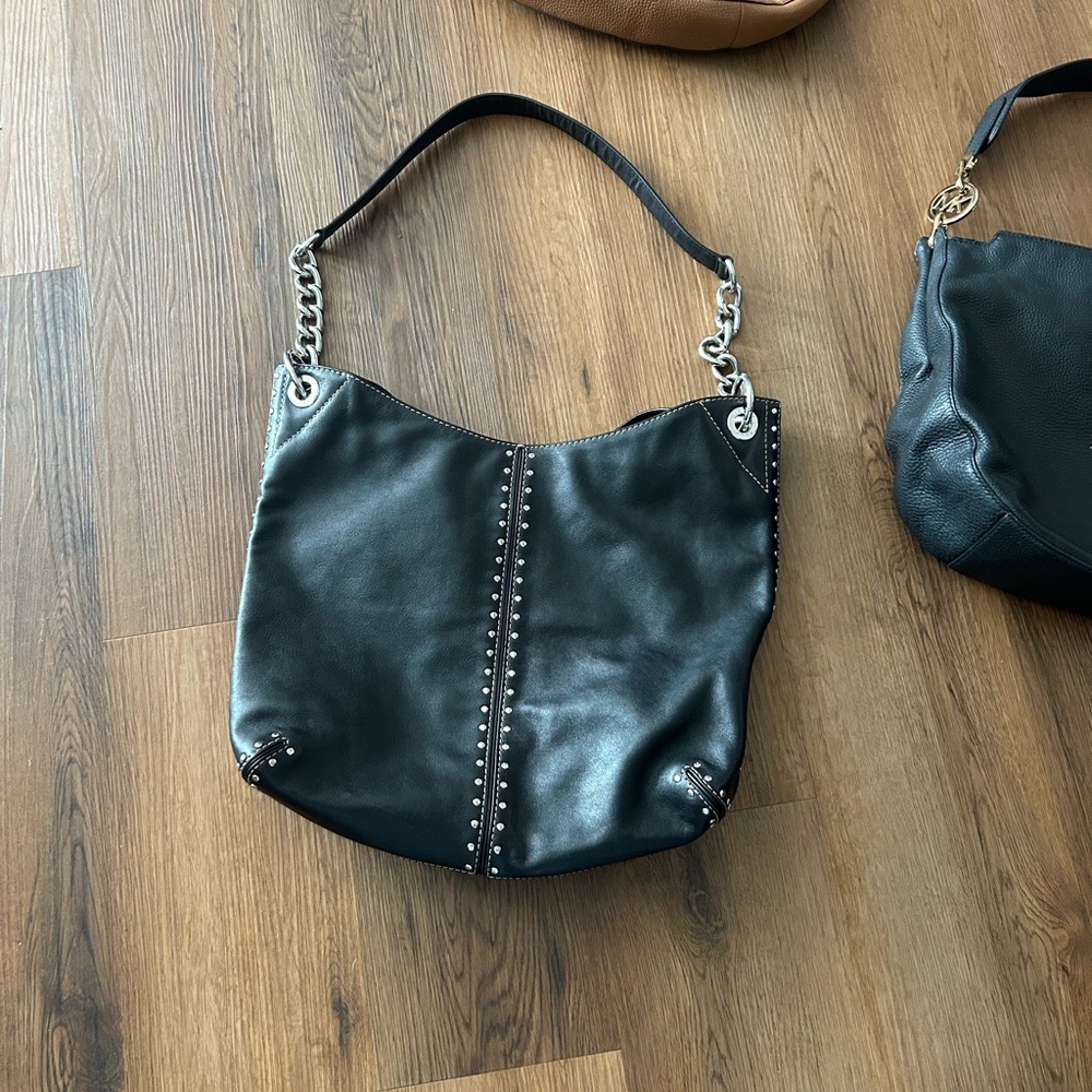 Michael Kors Black Leather Shoulder Bag with Silver Chain